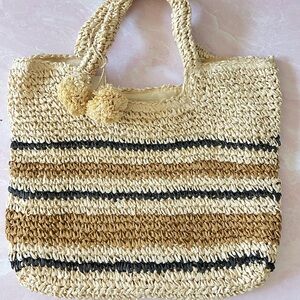 Stylish Tan and Black Raffia like Tote Bag